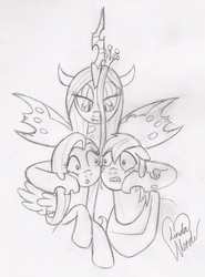 Size: 1350x1824 | Tagged: dead source, safe, artist:marindashy, big macintosh, fluttershy, queen chrysalis, earth pony, pony, g4, male, monochrome, now kiss, ship:fluttermac, shipper on deck, shipping, stallion, straight, traditional art