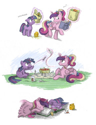 Size: 1050x1370 | Tagged: safe, artist:onkelscrut, princess cadance, twilight sparkle, alicorn, pony, unicorn, g4, babysitting, bag, book, bread, cherry, chess, comic, cute, dialogue, eyes closed, female, filly, filly twilight sparkle, foal, food, glowing, glowing horn, groceries, horn, lying down, magic, magic aura, mare, multitasking, paper bag, playing, prone, shopping, shopping bag, sitting, sleeping, slice of life, smiling, spread wings, talking, teen princess cadance, telekinesis, unicorn twilight, wings