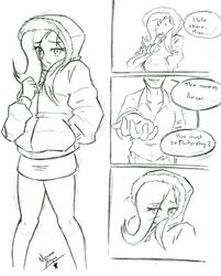 Size: 1222x1519 | Tagged: safe, artist:nayaasebeleguii, fluttershy, oc, oc:anon, equestria girls, g4, :<, blushing, clothes, cute, eye clipping through hair, hoodie, humanized, lidded eyes, monochrome, shy, shyabetes, wide eyes