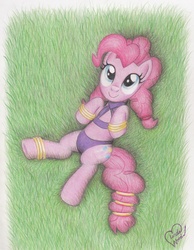 Size: 2274x2928 | Tagged: safe, artist:marindashy, pinkie pie, g4, bikini, clothes, female, jewelry, outdoors, purple bikini, purple swimsuit, ring, solo, swimsuit, traditional art