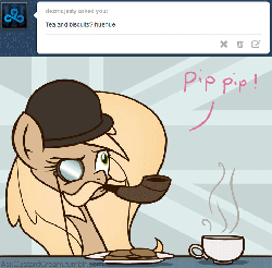 Size: 700x690 | Tagged: safe, artist:biscuitpone, oc, oc only, oc:custard cream, ask custard cream, animated, ask, british, hat, monocle, moustache, pipe, solo, tea, tumblr