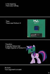 Size: 1100x1617 | Tagged: safe, artist:greyone, twilight sparkle, g4, insane troll logic, intel, legit, not salmon, pentium iii, wat