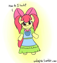 Size: 1617x1800 | Tagged: safe, artist:vulapa, apple bloom, earth pony, pony, g4, alternate hairstyle, bipedal, clothes, cute, dress, female, pigtails, solo