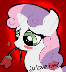 Size: 1194x1301 | Tagged: safe, artist:vendetatj, sweetie belle, g4, blushing, cute, diasweetes, female, heart, mouth hold, rose, solo