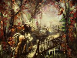 Size: 1584x1188 | Tagged: safe, artist:viwrastupr, applejack, g4, autumn, female, fence, forest, scenery, solo, whitetail woods