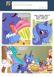 Size: 1000x1422 | Tagged: dead source, safe, artist:pijinpyon, princess celestia, princess luna, alicorn, pony, ask little luna, g4, ask, banishment, cake, caught, comic, cupcake, dark magic, food, ice cream, magic, pastry, pie, s1 luna, sisters, this will end in tears and/or a journey to the moon, to the moon, tumblr
