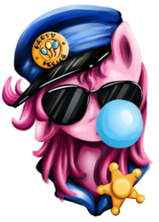 Size: 500x699 | Tagged: safe, artist:xioade, pinkie pie, g4, alternate hairstyle, bubble, bubblegum, clothes, costume, female, food, gum, looking at you, police, portrait, solo, sunglasses