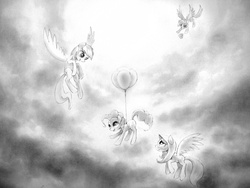 Size: 1024x768 | Tagged: safe, artist:murphylaw4me, derpy hooves, fluttershy, pinkie pie, rainbow dash, pegasus, pony, g4, balloon, cloud, cloudy, female, flying, mare, monochrome, muffin, traditional art