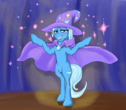 Size: 2237x1959 | Tagged: safe, artist:avgjoe, trixie, pony, g4, bipedal, female, magic, smiling, solo, sparkles, stage