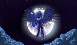 Size: 4000x2330 | Tagged: safe, artist:avgjoe, princess luna, g4, backlighting, female, flying, moon, solo, stars