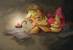 Size: 1000x682 | Tagged: safe, artist:maaronn, apple bloom, applejack, earth pony, pony, g4, book, candle, female, filly, mare, reading, sleeping