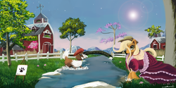 Size: 1264x632 | Tagged: safe, artist:auroriia, applejack, pinkie pie, g4, barn, beret, bone, bridge, canvas, clothes, dress, fence, lens flare, paws, river, scenery, stream, tree