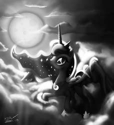 Size: 2275x2500 | Tagged: safe, artist:deathknightcommander, princess luna, g4, cloud, cloudy, female, monochrome, moon, solo