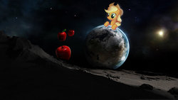 Size: 1024x576 | Tagged: safe, artist:flashbeer, applejack, earth pony, pony, g4, apple, applestare, earth, giant pony, giantess, macro, pony bigger than a planet, surreal, wallpaper, wat