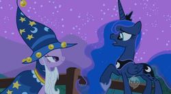 Size: 637x348 | Tagged: safe, screencap, princess luna, star swirl the bearded, twilight sparkle, g4, luna eclipsed, bedroom eyes, clothes, cosplay, costume, nightmare night costume, out of context, shipping fuel, star swirl the bearded costume, twilight the bearded