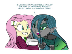 Size: 713x532 | Tagged: safe, artist:carnifex, fluttershy, queen chrysalis, human, equestria girls, g4, adorkable, animal, blushing, chrysashy, clothes, cute, cutealis, dork, equestria girls-ified, female, flirting, flyer, innuendo, lesbian, nervous, seductive, suit