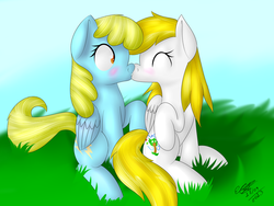 Size: 1024x768 | Tagged: safe, artist:icy wings, breezie (g3), sassaflash, g3, g4, background pony, blind bag pony, blushing, female, hoof popping, kissing, lesbian, sassabreezie, shipping