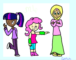 Size: 748x591 | Tagged: safe, artist:kitty-perry, fluttershy, pinkie pie, twilight sparkle, human, g4, dark skin, hijab, humanized, islam, islamashy