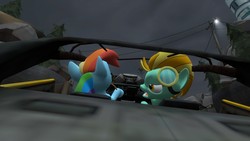 Size: 1366x768 | Tagged: safe, artist:mr.tektite, lightning dust, rainbow dash, g4, 3d, angry, gmod, hl2 car