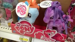 Size: 2592x1456 | Tagged: safe, pinkie pie, rainbow dash, twilight sparkle, g4, official, funrise, irl, mini, photo, plushie, target (store)