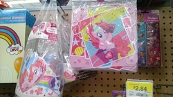 Size: 2592x1456 | Tagged: safe, pinkie pie, rainbow dash, rarity, g4, banner, hat, in the wild, merchandise, party hat, walmart