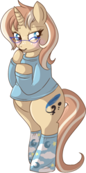 Size: 296x598 | Tagged: safe, artist:lulubell, oc, oc only, oc:lulubell, pony, unicorn, bipedal, chubby, clothes, fat, glasses, simple background, socks, solo, sweater, transparent background