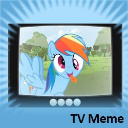 Size: 250x250 | Tagged: safe, rainbow dash, pegasus, pony, g4, derp, exploitable meme, female, mare, official spoiler image, solo, spoilered image joke, television, tongue out, tv meme