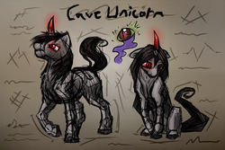 Size: 1572x1052 | Tagged: safe, artist:wolframclaws, oc, oc only, original species, cave unicorn, colored hooves, colored horn, curved horn, duo, duo male and female, female, headcanon, horn, male, mare, raised hoof, red eyes, sitting, sketch, slit pupils, sombra eyes, sombra horn, stallion, standing