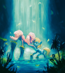 Size: 1420x1600 | Tagged: safe, artist:assasinmonkey, oc, oc only, oc:sonik, oc:tropical breeze, pony, crepuscular rays, forest, glowing, water, waterfall