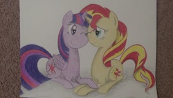 Size: 3072x1728 | Tagged: safe, artist:thefriendlyelephant, sunset shimmer, twilight sparkle, alicorn, pony, unicorn, g4, female, lesbian, ship:sunsetsparkle, shipping, traditional art, twilight sparkle (alicorn)