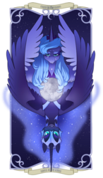 Size: 458x785 | Tagged: safe, artist:dashiana, nightmare moon, princess luna, g4, blackletter, card, duality, sad, simple background, stars, transparent background, upside down