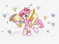 Size: 1024x768 | Tagged: safe, artist:sushimango, pinkie pie, parasprite, g4, accordion, banjo, cymbals, drums, female, harmonica, musical instrument, one man band, solo, sousaphone, tambourine, traditional art, tuba
