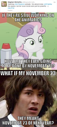 Size: 500x1107 | Tagged: safe, sweetie belle, oc, oc:meghan mccarthy, g4, my little pony: friendship is magic, season 4, conspiracy keanu, exploitable meme, meghan mccarthy, meme, text, twitter