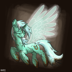 Size: 1100x1100 | Tagged: safe, artist:king-kakapo, lyra heartstrings, angel, pony, unicorn, g4, angelic wings, dirty, ear fluff, eyes closed, female, injured, messy hair, messy mane, mud, smiling, solo, wings