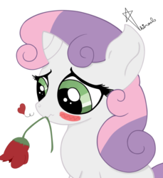 Size: 856x933 | Tagged: safe, artist:vendetatj, sweetie belle, g4, blushing, female, heart, mouth hold, rose, simple background, solo, transparent background, vector