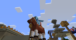 Size: 1600x837 | Tagged: safe, rainbow dash, horse, pony, g4, minecraft, ponies riding horses, riding