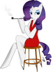 Size: 1650x2093 | Tagged: safe, artist:franticlava, rarity, unicorn, semi-anthro, g4, clothes, dress, female, horn, pipe, simple background, sitting, smoking, solo, stool, transparent background