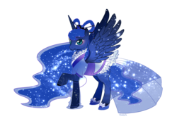 Size: 2951x2031 | Tagged: safe, artist:howzih, princess luna, alicorn, pony, g4, alternate hairstyle, clothes, dress, female, mare, mid-autumn festival, raised hoof, ruff (clothing), simple background, solo, transparent background