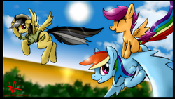 Size: 1920x1080 | Tagged: safe, artist:unitoone, daring do, rainbow dash, scootaloo, g4, flying