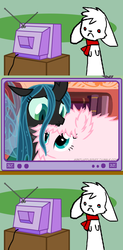 Size: 986x1999 | Tagged: safe, queen chrysalis, oc, oc:fluffle puff, g4, crying, exploitable meme, forever alone, meme, tv meme