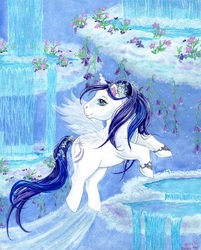 Size: 1000x1244 | Tagged: safe, artist:rainwaterfallszone, glory, alicorn, pony, g1, alicornified, cloud, cloudy, female, flower, mare, race swap, scenery, solo, traditional art, transparent wings, waterfall