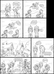 Size: 1024x1407 | Tagged: safe, artist:mephilez, derpy hooves, pinkie pie, pegasus, pony, g4, comic, crossover, female, knock out, mare, monochrome, ponified, starscream, transformers, transformers prime