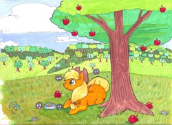 Size: 900x655 | Tagged: safe, artist:seethecee, applejack, g4, apple, female, solo, traditional art, tree