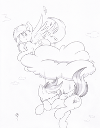 Size: 980x1258 | Tagged: safe, artist:joey darkmeat, derpy hooves, rainbow dash, pegasus, pony, g4, butt, female, mare, monochrome, plot, sketch, sleeping