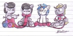 Size: 1024x513 | Tagged: safe, artist:bobthedalek, dj pon-3, octavia melody, vinyl scratch, oc, oc:mixed melody, oc:octavia's father, oc:octavia's mother, oc:ostinato melody, earth pony, pony, unicorn, g4, background pony, booties, boots, clothes, female, knitting, male, mare, mothers gonna mother, scarf, stallion, sweater, traditional art, vinyl scratch is not amused, wool