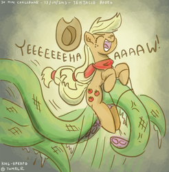 Size: 983x1000 | Tagged: safe, artist:king-kakapo, applejack, earth pony, pony, g4, 30 minute art challenge, fanfic, fanfic art, monster, riding, rodeo, tentacles
