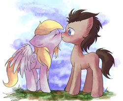 Size: 988x809 | Tagged: safe, artist:midnameowfries, derpy hooves, doctor whooves, time turner, pegasus, pony, g4, blushing, boop, eyes closed, female, floppy ears, kissing, male, mare, noseboop, ship:doctorderpy, shipping, spread wings, standing, straight
