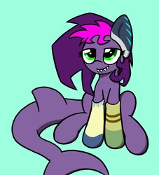 Size: 1280x1411 | Tagged: safe, artist:ask-maydaymayday, oc, oc only, oc:mayday mayday, original species, shark pony, clothes, ear socks, fangs, female, fish tail, green eyes, mare, purple mane, shark tail, socks, solo, tail
