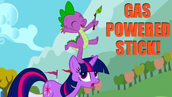 Size: 640x360 | Tagged: safe, edit, edited screencap, screencap, spike, twilight sparkle, fall weather friends, g4, bravest warriors, duo, gas powered stick, image macro, twig