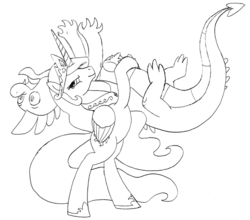 Size: 618x544 | Tagged: safe, artist:queencold, princess celestia, spike, dragon, g4, age difference, female, male, monochrome, older, older spike, ship:spikelestia, shipping, sketch, straight, teenage spike, teenaged dragon, teenager, wrestling
